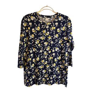 LANDS END FLORAL TUNIC 100% COTTON 3/4 SLEEVES NAVY YELLOW WHITE MEDIUM PETITE